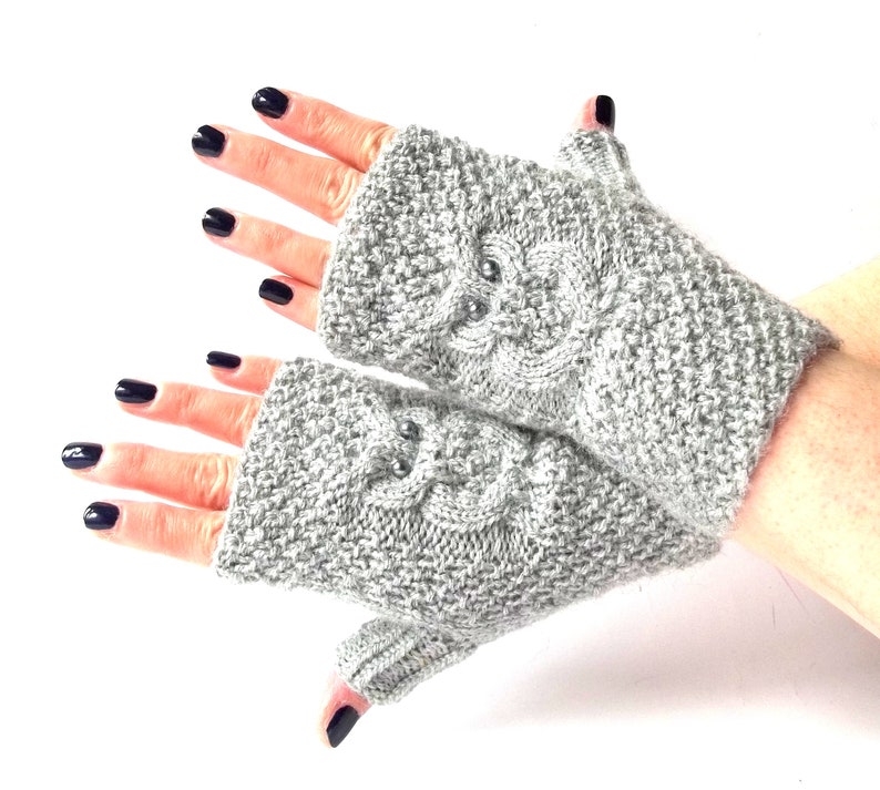 Gray Owl Gloves, Knit Fingerless Mittens, Knitted Fingerless Gloves, Knit Wrist Warmers, Hand Knit Gloves, Cute Owl Gift for Her. image 5