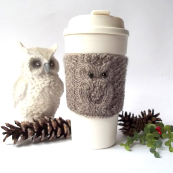 Brown Owl Cup Cozy, Hand Knit Coffee Mug Cozy, Reusable Paper Cup Sleeve, Eco Friendly Coffee Cup Jacket, Travel Cup Cozy.