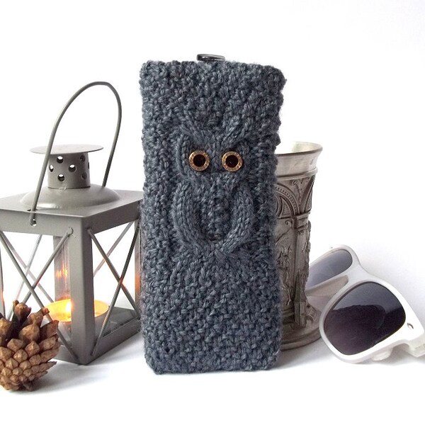 Knit Glasses Case with Owl Pattern. Eyeglasses, Sunglasses and Reading Glasses Holder.
