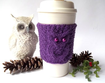 Purple Owl Cup Cozy, Hand Knit Coffee Mug Cozy, Reusable Paper Cup Sleeve, Eco Friendly Coffee Cup Jacket, Travel Cup Cozy.