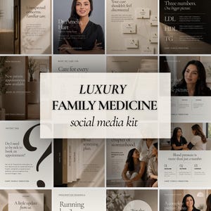 Op de afbeelding: Een social media kit voor een huisartsenpraktijk met een verzameling sjablonen in beige en donkerbruine tinten. De ontwerpen bevatten tekstoverlays, medische informatie en foto's van een arts, gerangschikt in een rasterindeling.