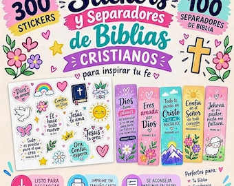 Op de afbeelding: Een digitale collectie van christelijke stickers en bijbelbladwijzers met kleurrijke illustraties van harten, bloemen, een kruis en een schaap. De tekst bevat zinnen zoals 'Dios es amor', 'Confía en Dios' en 'Jehová es mi pastor'.