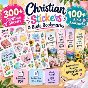 Puede incluir: Una colección digital de pegatinas cristianas y marcapáginas bíblicos con motivos florales, de montaña y religiosos. El texto incluye '300+ Christian Stickers', '100+ Bible Bookmarks', 'Jesus Loves Me', 'Trust in His Plan' y 'Print on Glossy Sticker Paper'.