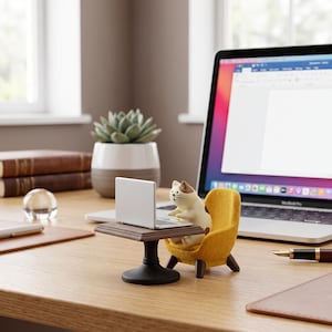 Puede incluir: Una figura en miniatura de un gato con manchas marrones y blancas, sentado en un pequeño sillón amarillo frente a una mesa de pedestal marrón oscuro. El gato está colocado ante un diminuto portátil plateado sobre un escritorio de madera.
