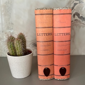 May include: Two vintage orange and red "Letters" travel document holders with black accents. The holders are standing upright next to a small potted cactus in a white speckled pot. The text "Travel" and "Letters" are visible.
