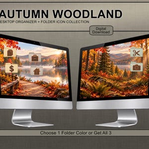 Könnte beinhalten: Zwei Computermonitore mit einer Autumn Woodland Desktop-Organizer- und Ordner-Icon-Sammlung. Die Bildschirme zeigen eine Waldlandschaft mit herbstlichem Laub, einem See und verschiedenen Symbolen wie Dokument, Aktentasche, Dollarzeichen, Haus, Schere und Kamera.