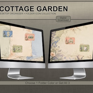 May include: Two computer monitors displaying a Cottage Garden desktop organizer and folder icon collection. The screens feature a soft floral background with pastel-colored folders labeled with icons for a dollar sign, camera, plane, briefcase, and list.
