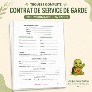 May include: A stack of white paper documents titled CONTRAT DE SERVICE DE GARDE, featuring fields for childcare service details, parent identification, and child information. A small cartoon turtle with a red heart on its shell is on the right.