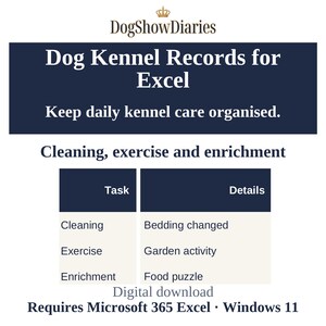 May include: A digital spreadsheet template titled DogShowDiaries Dog Kennel Records for Excel. It features a table with columns for Task and Details, listing cleaning, exercise, and enrichment activities. Requires Microsoft 365 Excel and Windows 11.