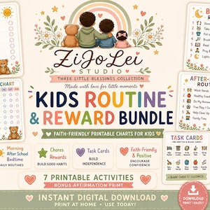 Op de afbeelding: Een digitale set voor kinderroutines en beloningen met printbare schema's, taakkaarten en een affirmatieprint. De collectie bevat ochtend-, bedtijd- en naschoolse routines, een wekelijks klusjesoverzicht en illustraties van teddyberen.
