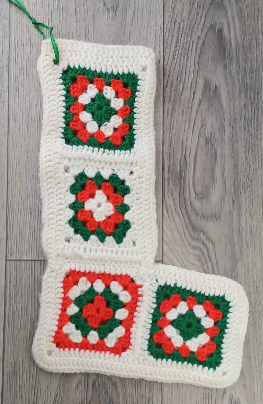VINTAGE 1985 Handmade Crochet Christmas Stocking, Granny Square Design, Seasonal Decor