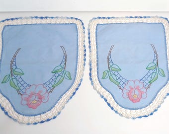 Set of 2 - Vintage Hand Embroidered Linen Dresser Vanity Cloths with Floral Design