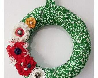 Handmade Calico Wreath with Vintage Doilies, Buttons, Lace & Hankies, 12&quot; Round, One-of-a-kind!