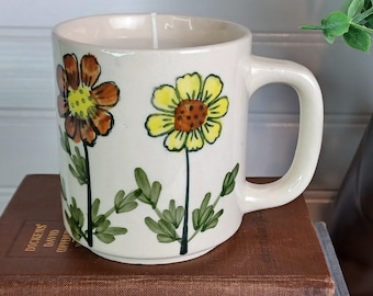 Vintage Casualstone Stoneware Floral Mug with Hand Poured Soy Candle, Mid-Century Japan