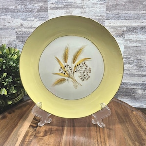 Puede incluir: Un plato vintage amarillo y blanco con borde dorado. El plato presenta un diseño de trigo y flores en el centro. El plato se exhibe sobre un soporte de plástico transparente, mostrando su diseño y color.