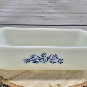 Vintage Milk Glass Loaf Pan with Handles with Blue Floral Design, Retro 1960s USA