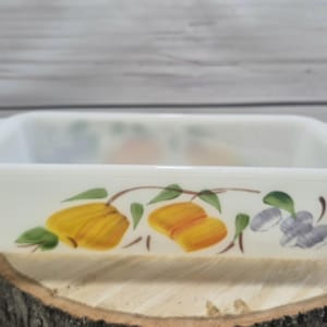 Vintage Fire King Fad-Fruits Milk Glass Loaf Pan with Handles, Decorated, Retro 1960s USA