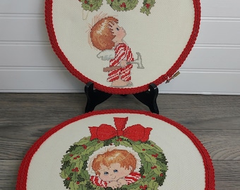 Vintage Angel Dumplin&#39; Christmas Cross Stitch Wall Hangings (Completed Pair of 2) Retro 1982