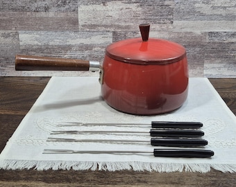 Vintage 1970's Red Fondue Pot with Lid, Teak Wood Handles & 4-Forks, MCM, Japan