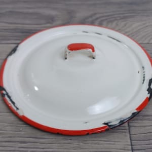 Antique Enamelware Saucepan Lid Only 6 5/8&quot; diameter, White with Red Trim