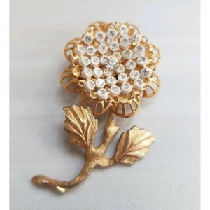 Vintage Gold Tone Rhinestone Pin Brooch with Flower Design Measures, Retro 1978