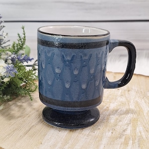 Vintage Blue Glaze Stoneware Footed Pedestal Mug ~ Retro 1970s JAPAN