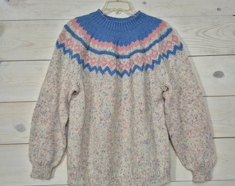 Vintage Hand Knit Sweater Fair Isle Nordic Style Acrylic, Blue, Pink & White, Pastel
