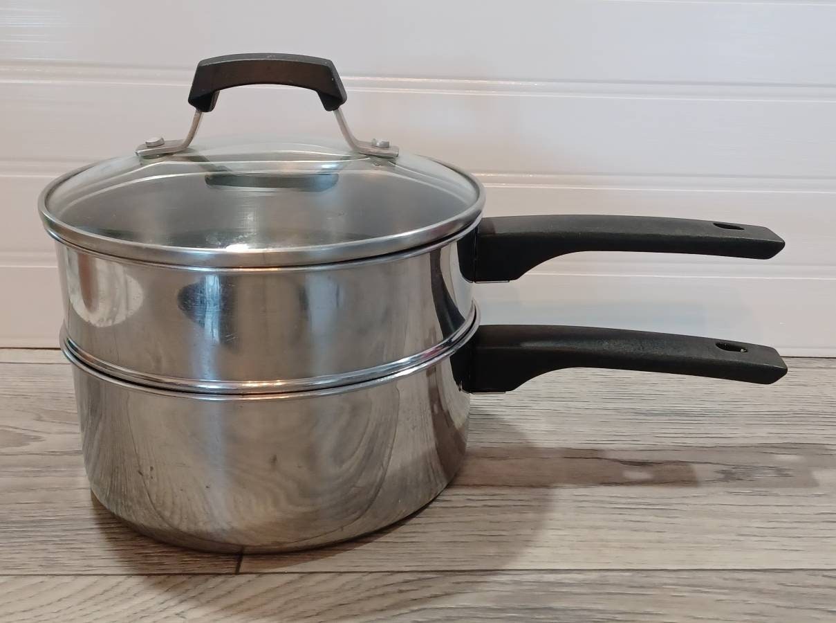 New Denmark Cookware 2 Quart Stainless Saucepan W/ Double Boiler and Lid  NIB 