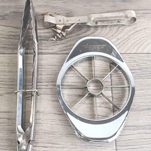 Kitchen Gadget LOT, Metal Tongs, Apple Slicer, Can & Bottle Opener with Corkscrew, Vintage Useful Utensils