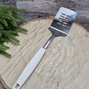 Vintage Mid-Century Chromium Plated Stainless Steel Spatula with White Plastic Handle, Ekco USA