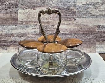 Vintage Oregon Myrtlewood Condiment Caddy met een Kromex Single Tier Handled Tray