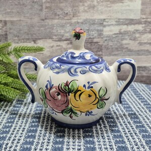 Porta Hand Painted Lidded Sugar Bowl, Portugal 375 Blue & White with Floral Design