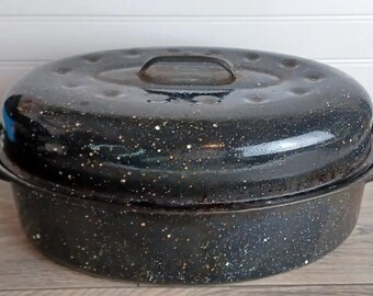 Vintage Black Speckled Enamelware Roaster with Cover & Handles:  16.5" x 12.25" x 6.5"