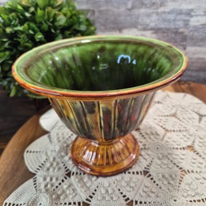Vintage Handmade Drip Glazed Pottery Pedestal Planter, Retro 1970s, Artist Signed