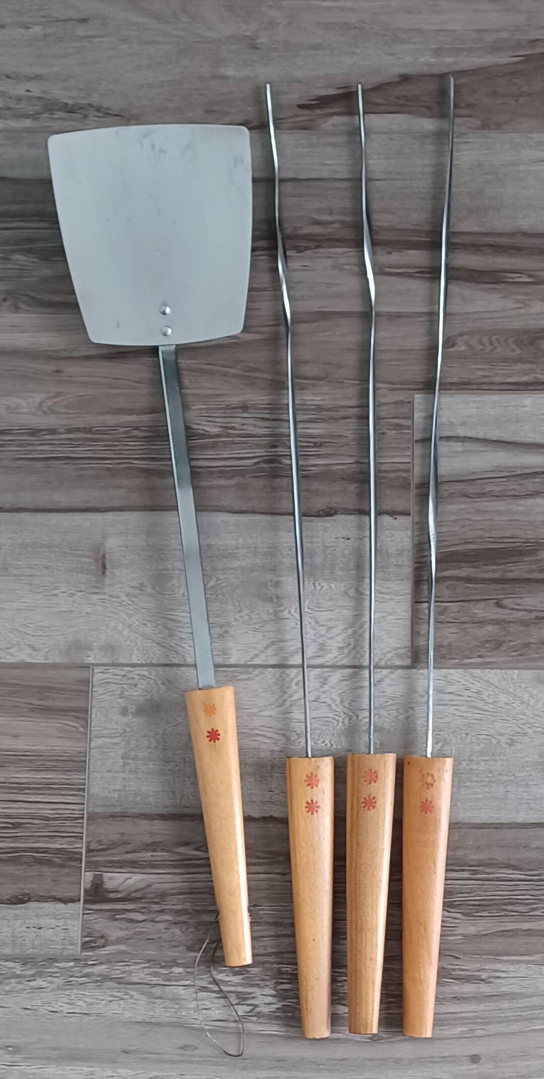 Vintage Androck Long Stainless Steel and Wood Handled BBQ Skewers