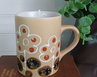 Vintage Hand-Painted Stoneware Coffee Mug Raised Design with Hand Poured Soy Candle Inside