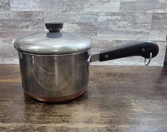Cacerola vintage de acero inoxidable REVERE WARE de 1801, de 3 cuartos de galón, con base gruesa revestida de cobre.