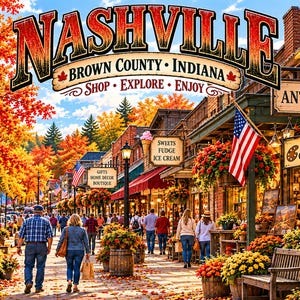Op de afbeelding: Een levendig straatbeeld in Nashville, Brown County, Indiana, met herfstbladeren, winkelpuien met borden voor Antiques, Art Gallery en Sweets Fudge Ice Cream, hangende bloemenmanden en Amerikaanse vlaggen onder een helderblauwe lucht.
