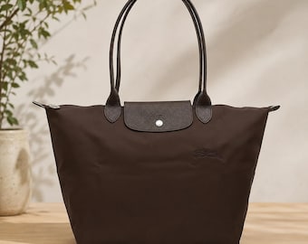 Longchamp Brown Nylon Tote Bag, Large Shoulder Bag, Lightweight Travel Handbag, Everyday Carryall