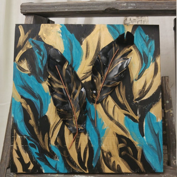 Feather Wall Art - Vinyl Record Art - Teal, Black, and Gold Wall Art - Vinyl Record Decor- Musical Gift - Music Decor - Black Feathers