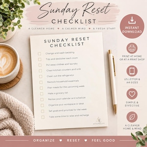 May include: A Sunday Reset Checklist printed on a cream-colored paper sheet. The text includes tasks like Change and wash bedding, Tidy and declutter each room, and Make a grocery list. A gold pen rests beside the paper, which features the Asterelle logo.