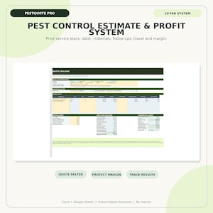 May include: A digital Pestquote Pro 10-tab system spreadsheet for pest control estimates and profit tracking. The interface includes sections for quote builder, customer details, job pricing factors, service costs, and profit calculations in a grid layout.