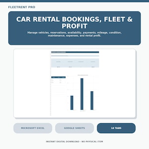 May include: Fleetrent Pro digital dashboard for car rental bookings, fleet, and profit management. Includes tools for vehicles, reservations, availability, payments, mileage, condition, maintenance, and expenses. Compatible with Microsoft Excel and Google Sheets with 10 tabs.