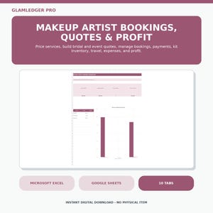 Peut inclure: Un modèle de tableau de bord numérique intitulé GLAMLEDGER PRO pour les réservations, devis et profits des maquilleurs. L'interface présente un schéma de couleurs mauve et blanc avec des tableaux de données, des graphiques et des étiquettes.