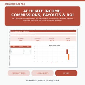 May include: AffiliatePulse Pro digital workbook for tracking affiliate income, commissions, payouts, and ROI. Includes an affiliate marketing dashboard with tables and charts for Microsoft Excel and Google Sheets, featuring 10 distinct tabs.