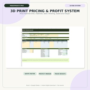 Könnte beinhalten: Eine digitale Tabellenvorlage für ein 3D-Druck-Preis- und Gewinnsystem. Die Benutzeroberfläche enthält einen Auftragspreis-Builder mit Abschnitten für Kundendetails, Preisfaktoren, Kostenaufstellungen sowie eine Zusammenfassung der Gewinnberechnung.