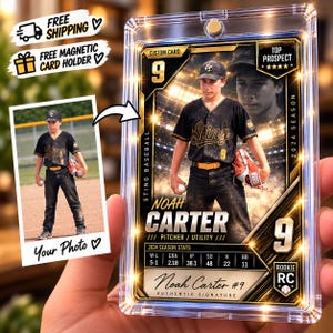 May include: A custom baseball trading card featuring a player named Noah Carter in a black and gold uniform, encased in a clear magnetic holder. The card displays the player's name, position, 2024 season stats, and a rookie RC designation.