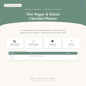 Puede incluir: Un planificador digital para cachorros y gatitos titulado New Puppy & Kitten Checklist Planner. Incluye secciones para una lista de suministros, calendario de vacunas, registro de entrenamiento y control de esfínteres para Excel y Google Sheets.