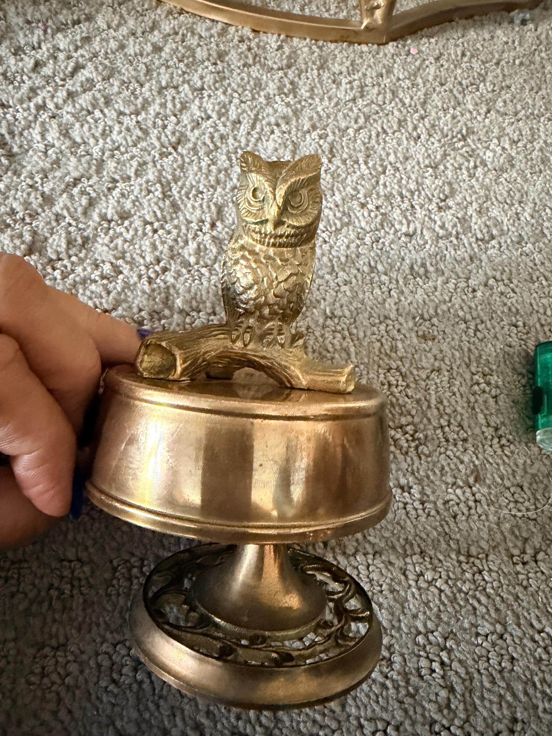 Vintage Brass Owl Music Box | Wind-Up Rotating Musical Decor (5" Tall)