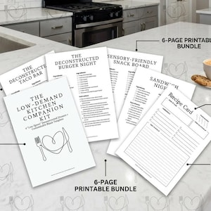 Könnte beinhalten: Ein sechseitiges, druckbares Küchen-Begleitset mit schwarzem Text auf weißem Papier. Die Titel umfassen The Low-Demand Kitchen Companion Kit, The Deconstructed Taco Bar, The Deconstructed Burger Night, Sensory-Friendly Snack Board, Sandwich Night und eine Rezeptkarte mit Löffel-Skalenbewertungen.